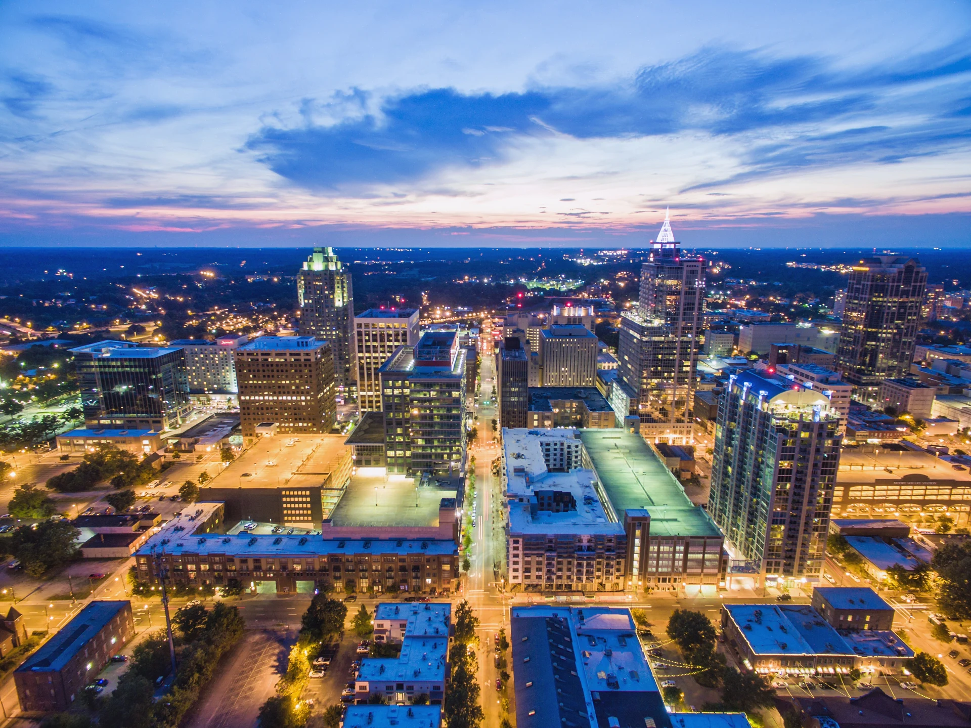 Evening aerial view over Raleigh
